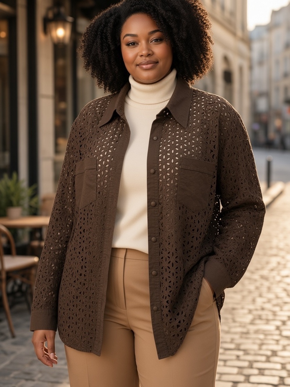 Y2K SUSAN GRAVER COTTON BROWN EYELET LACE RELAXED FIT SHACKET JACKET SZ 3X